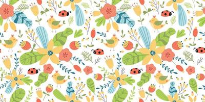 sommar blommig söt insekter sömlös mönster. gul blomma gren blad gren bär fågel hand dragen element. ljus sommar textur. söt textil- tyg design. kvinna bakgrund. blommig illustration. vektor