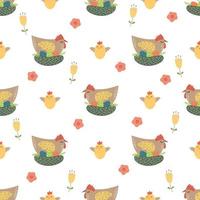 påsk kyckling sömlös mönster söt kyckling ägg blommor bakgrund. kyckling på de bo. vår färgrik påsk firande design. söt hand dragen tecknad serie design. vektor illustration.