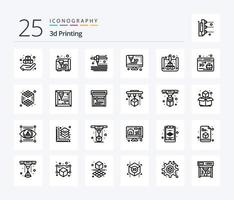 3D-Druck-Icon-Pack mit 25 Zeilen, einschließlich Globus. Netz. Drucker. 3d. drucken