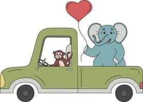 handgezeichneter farbiger Pickup-Truck mit Affen und Elefanten vektor