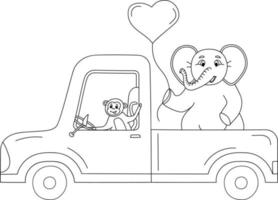 handgezeichneter Pickup-Truck mit Affen und Elefanten vektor