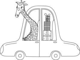 hand gezeichnete niedliche giraffe, die geschenke im auto trägt vektor