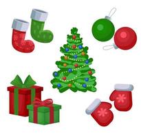 weihnachtsgrüße mit isolierten dekorativen winterobjekten - kugeln, spielzeug, geschenkboxen, girlanden, weihnachtsbäume auf weißem hintergrund vektor