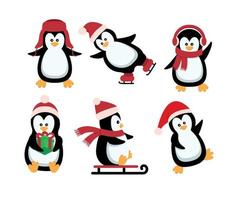 jul pingvin. rolig snö djur, söt bebis pingviner tecknad serie tecken i vinter- hatt. isolerat vektor uppsättning av pingvin djur- polär i röd scarf och hatt illustration