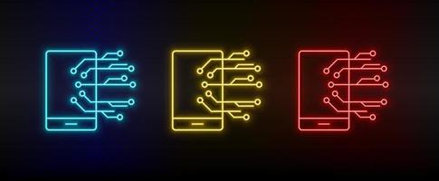 Neon-Symbole. mobil intelligent. Satz von roten, blauen, gelben Neonvektorsymbolen auf dunklem Hintergrund vektor