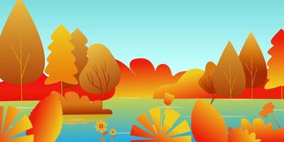 Herbstlandschaft mit See und Blättern. Vektor-Illustration. vektor