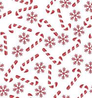 jul sömlös mönster med godis käppar, snöflingor, snö boll på blå bakgrund. bakgrund för omslag papper, tyg skriva ut, hälsning kort. vinter- Semester design. vektor
