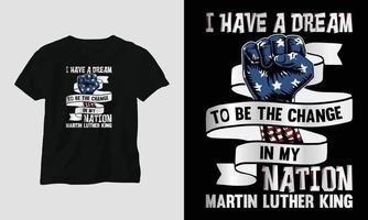 Martin luther kung jr. dag t-shirt design i USA tema med band, näve, flagga vektor