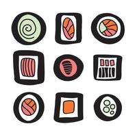 satz von handgezeichneten abstrakten geometrischen sushi-doodle-symbolen. stilisierte verschiedene Rollen. Konturlinienzeichnung asiatischer Lebensmittel, begrenzte Paletten-Clip-Art-Sammlung vektor