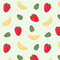 jordgubb och citron- mönster. vektor sömlös frukt mönster för textilier, tapeter, tyger, omslag papper, klippbok.