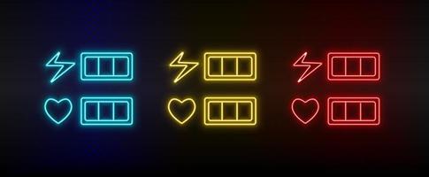 Neon-Symbole. Lebensbalkenherzen im Retro-Stil. Satz von roten, blauen, gelben Neonvektorsymbolen auf dunklem Hintergrund vektor