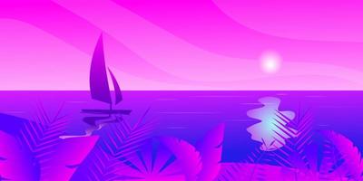segelbåt i de hav, Sol moln tropisk ö med strand och kokos palmer, tropisk löv, vektor illustration för reklam resa turism kryssningar resa byrå rabatter och försäljning papper stil.