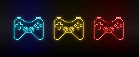 Neon-Symbole. Joystick-Gamecontroller-Gaming. Satz von roten, blauen, gelben Neonvektorsymbolen auf dunklem Hintergrund vektor