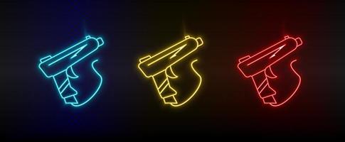 Neon-Symbole. Gun-Shoot-Spiel Retro-Arcade. Satz von roten, blauen, gelben Neonvektorsymbolen auf dunklem Hintergrund vektor