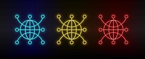 Neon-Symbole. web globale netzwerkwelt. Satz von roten, blauen, gelben Neonvektorsymbolen auf dunklem Hintergrund vektor