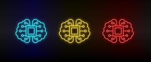 Neon-Symbole. Gehirnmechanismus Intelligenz. Satz von roten, blauen, gelben Neonvektorsymbolen auf dunklem Hintergrund vektor