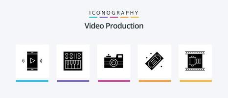 Videoproduktion Glyph 5 Icon Pack inklusive Filmstreifen. Kino. Retro-Kamera. Eintrittskarten. Kinokarten. kreatives Symboldesign vektor