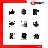 Stock Vector Icon Pack mit 9 Zeilenzeichen und Symbolen für Firewall-Wand-Mobile-Watching-Eye-editierbare Vektordesign-Elemente