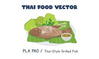 thai pla pao - thailändsk stil salt skorpa grillad fisk platt vektor ClipArt tecknad serie. asiatisk mat. thai kök. thai lokal- mat