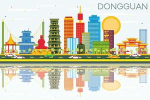 dongguan skyline mit farbigen gebäuden, blauem himmel und reflexionen. vektor