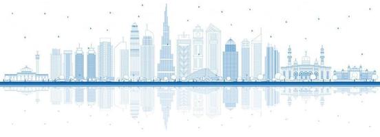 översikt dubai uae stad horisont med blå byggnader och reflektioner. vektor