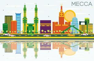 mekka-skyline mit farbmarksteinen, blauem himmel und reflexionen. vektor