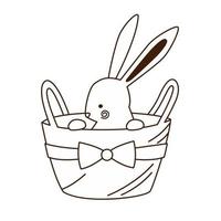 tecknad serie påsk kanin Sammanträde i en korg med band. översikt klotter teckning. barn färg sida med kanin. vektor
