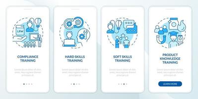 unternehmensschulung für arbeitskräfte blauer onboarding-bildschirm für mobile app. Komplettlösung 4 Schritte editierbare grafische Anweisungen mit linearen Konzepten. ui, ux, gui-Vorlage vektor
