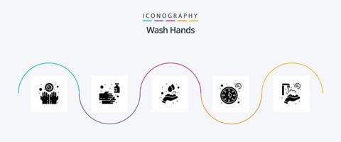 tvätta händer glyf 5 ikon packa Inklusive tjugo sekunder. tid. desinfektionsmedel. sekunder. tvättning vektor