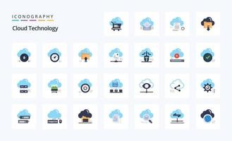 25 flaches Farbsymbolpaket für Cloud-Technologie vektor