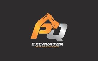 Bagger mit pq-Logo für Bauunternehmen. Schwermaschinenschablonen-Vektorillustration für Ihre Marke. vektor