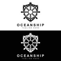 Schiffssteuerungslogo, Ozeansymbole Schiffssteuerungsvektor mit Meereswellen, Segelbootanker und Seil, Segeldesign der Firmenmarke