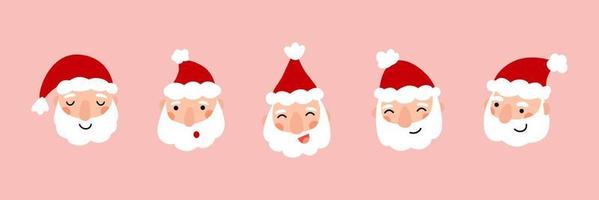niedliche weihnachtsmann-avatare setzen hand gezeichnet im karikaturstil und isoliert auf rosa hintergrund. Vektorsymbole mit lustigen Noel-Köpfen vektor