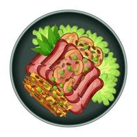 asado argentinisches rindersteak grillen. Fleisch serviert mit Salat. Ansicht von oben. lateinamerikanisches essen. bunte Vektorillustration lokalisiert auf weißem Hintergrund. vektor