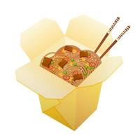 Karton-Wok-Box-Nudeln zum Mitnehmen mit Gemüse und gebratenem Fleisch. asiatisches Essen. bunte Vektorillustration lokalisiert auf weißem Hintergrund. vektor