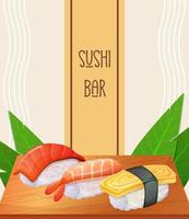 sushi bar affisch. japansk nigiri på tabell. asiatisk mat. färgrik vektor illustration.