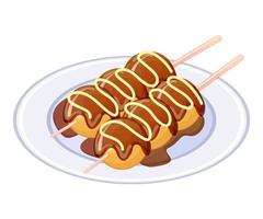 Takoyaki-Ball oder Tintenfischbällchen. japanische Snacks am Stiel. asiatisches Essen. bunte Vektorillustration lokalisiert auf weißem Hintergrund. vektor