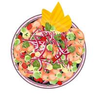 räka ceviche eras på tallrik. latin amerikan mat topp se. färgrik vektor illustration isolerat på vit bakgrund.