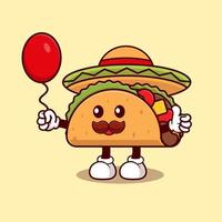 taco maskot bär en hatt och innehav en ballong vektor
