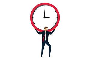 Zeitmanagementfehler, depressiver Geschäftsmann, Gehaltsmann, trägt eine schwere, große Uhrlast vektor