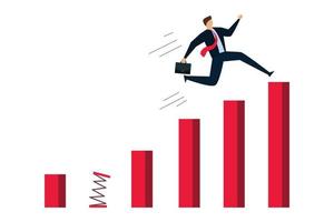 geschäftliche herausforderung, starker geschäftsmann, der vom trampolin zurück zur spitze des wachsenden balkendiagramms springt. vektor