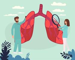 pulmonology vektor illustration. platt mycket liten lungor sjukvård personer begrepp. abstrakt respiratorisk systemet undersökning och behandling. inre organ inspektion kolla upp för sjukdom. landning sida.