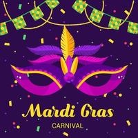inbjudan kort till en karneval fest. traditionell mask med fjädrar, maracas, fyrverkeri, tropisk löv för karneval, mardi gräs, festival, maskerad, parad. vektor
