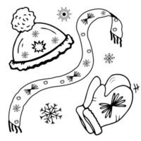 Malvorlage Mütze, Schal, Fäustlinge, Schneeflocken. Winter und Herbst. Vektor-Illustration vektor