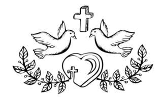 Illustration mit Kruzifix, Lorbeerkranz, Herz und Tauben vektor