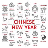 ny år affisch zodiaken djur och kinesisk ikoner vektor