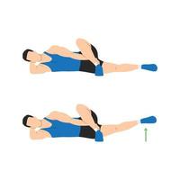 Mann macht liegende Crossover-Beinhebeübung in 2 Schritten. illustration über trainingsdiagramm für muskeln dehnen, bein, sache, hüfte. flache vektorillustration lokalisiert auf weißem hintergrund vektor