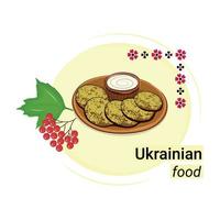 en maträtt av nationell ukrainska kök, potatis pannkakor med sur grädde på en lera tallrik, platt vektor, isolera på vit, inskrift ukrainska mat, klistermärke, broderi vektor