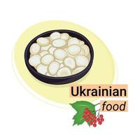 gericht der nationalen ukrainischen küche, galushky, knödel in einer tonplatte, gekochter teig, flacher vektor, isoliert auf weiß, aufschrift ukrainisches essen, aufkleber vektor