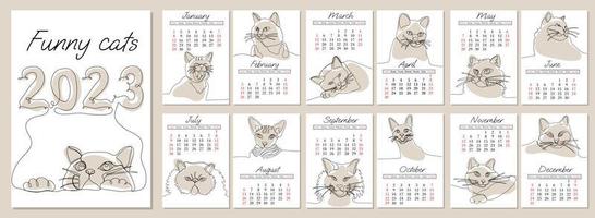 vektor vertikal kalender 2023 med rolig katter i trendig linje konst stil